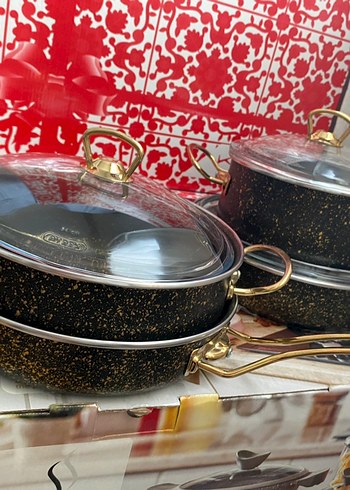 Altın Detaylı Siyah Tencere ve Tava Seti - Görsel 3