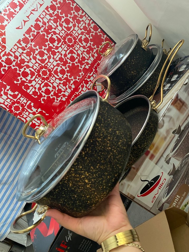 Altın Detaylı Siyah Tencere ve Tava Seti - Görsel 2