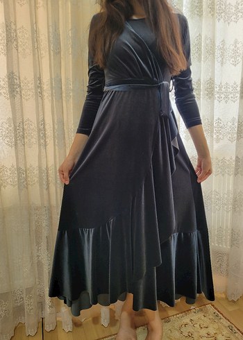 Diğer Uzun Kollu Koyu Gri Gotik Drapeli Elbise