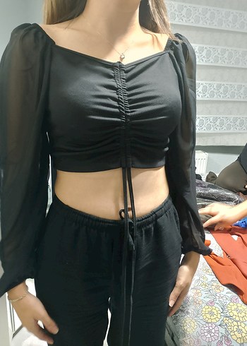 Uzun Kollu Siyah V Yaka Drapeli Bluz - Görsel 2