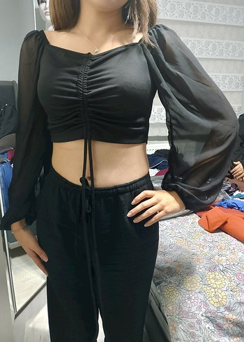 Uzun Kollu Siyah V Yaka Drapeli Bluz - Görsel 3