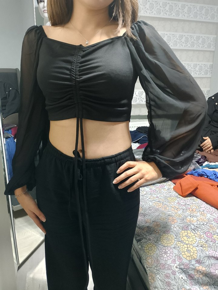 Uzun Kollu Siyah V Yaka Drapeli Bluz - Görsel 3