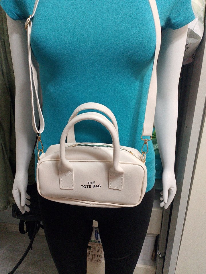 Beyaz Deri Fermuarlı Tote Çanta - Görsel 3