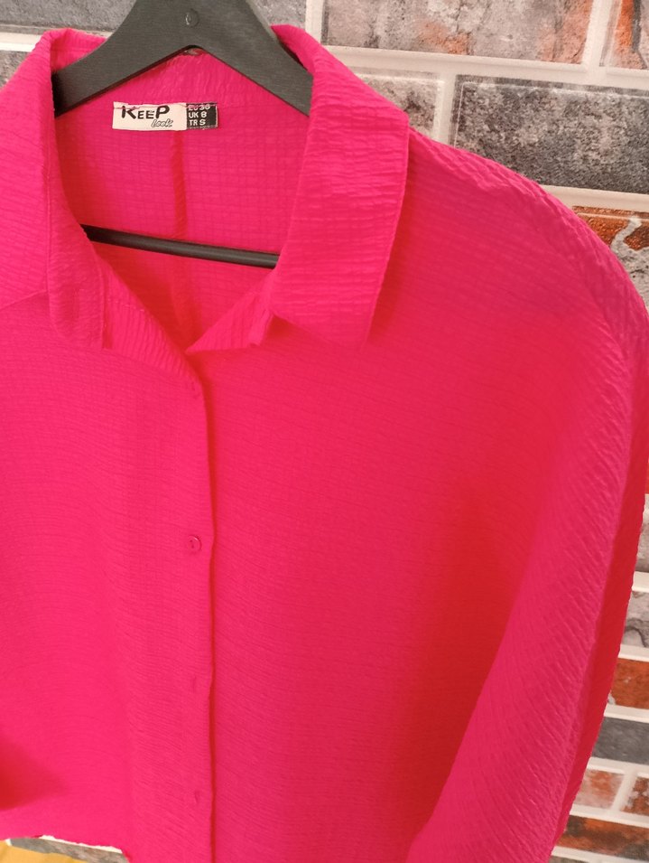 Pembe Pamuklu Düğmeli Kadın Gömlek - Görsel 5