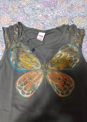 Kelebek Baskılı Gri Kız Straplez Tişört - Görsel 2