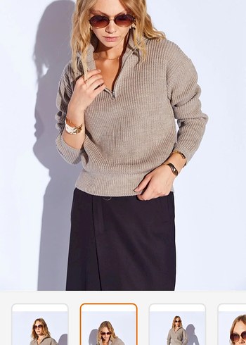 Yarım Fermuarlı Bej Örgü Yün Kazak - Görsel 3