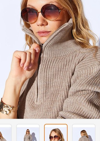 Yarım Fermuarlı Bej Örgü Yün Kazak - Görsel 4