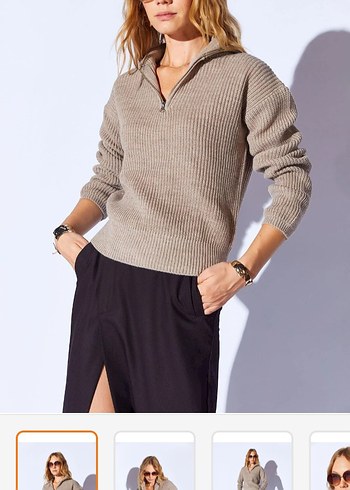 Yarım Fermuarlı Bej Örgü Yün Kazak - Görsel 2