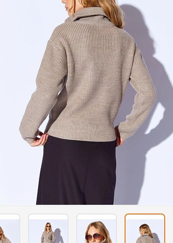 Yarım Fermuarlı Bej Örgü Yün Kazak - Görsel 5