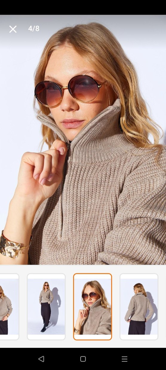 Yarım Fermuarlı Bej Örgü Yün Kazak - Görsel 4