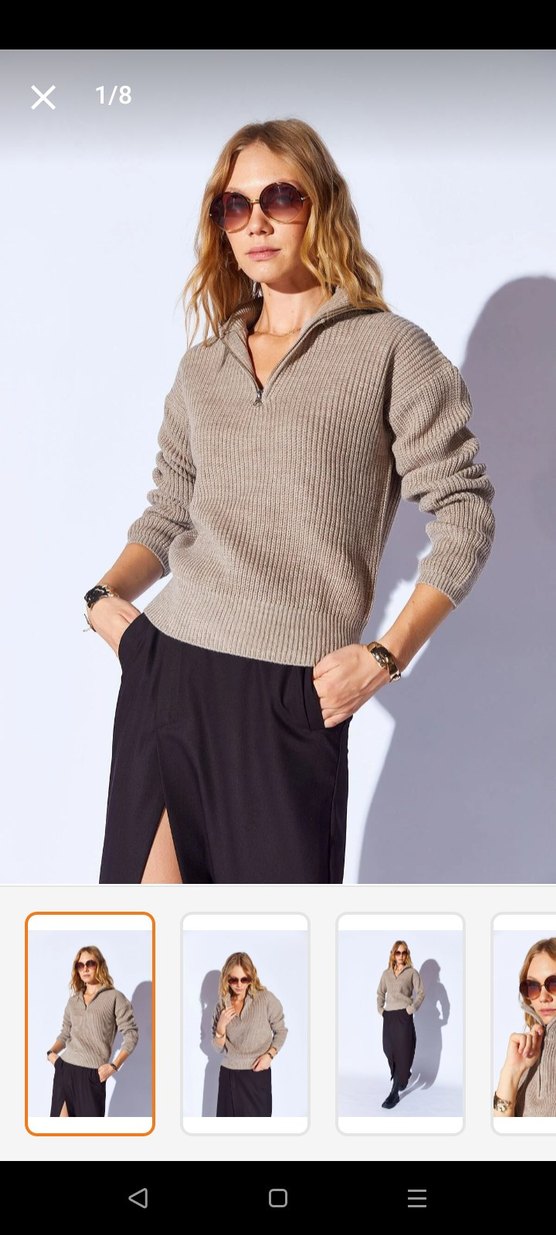 Yarım Fermuarlı Bej Örgü Yün Kazak - Görsel 2