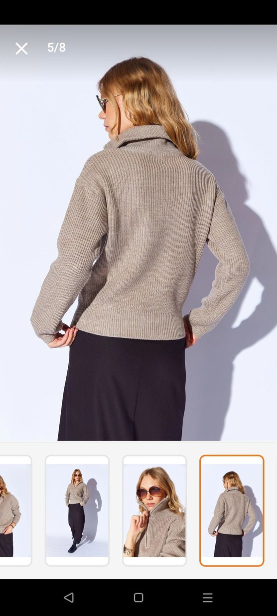 Yarım Fermuarlı Bej Örgü Yün Kazak - Görsel 5