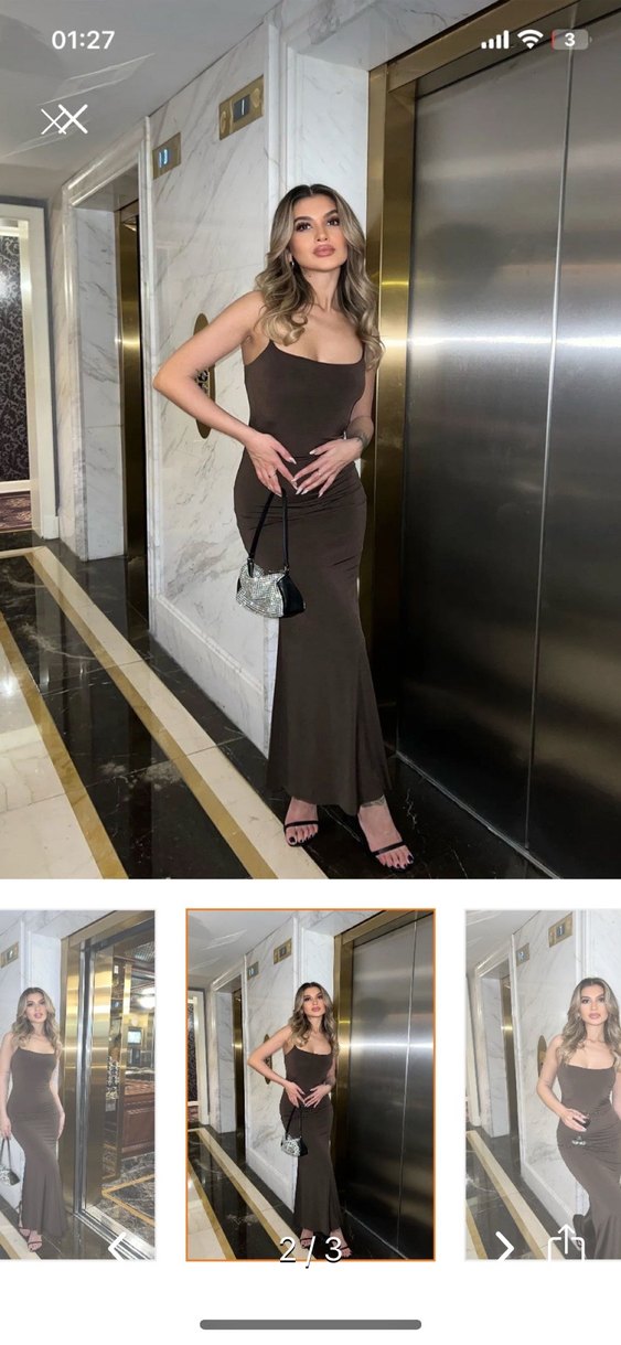 Kahverengi Drapeli Uzun Sırt Dekolteli Elbise - Görsel 2