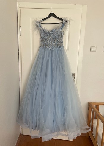 Mavi İşlemeli Boncuklu Straplez Uzun Abiye - Görsel 3