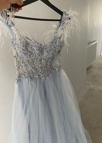 Mavi İşlemeli Boncuklu Straplez Uzun Abiye - Görsel 5