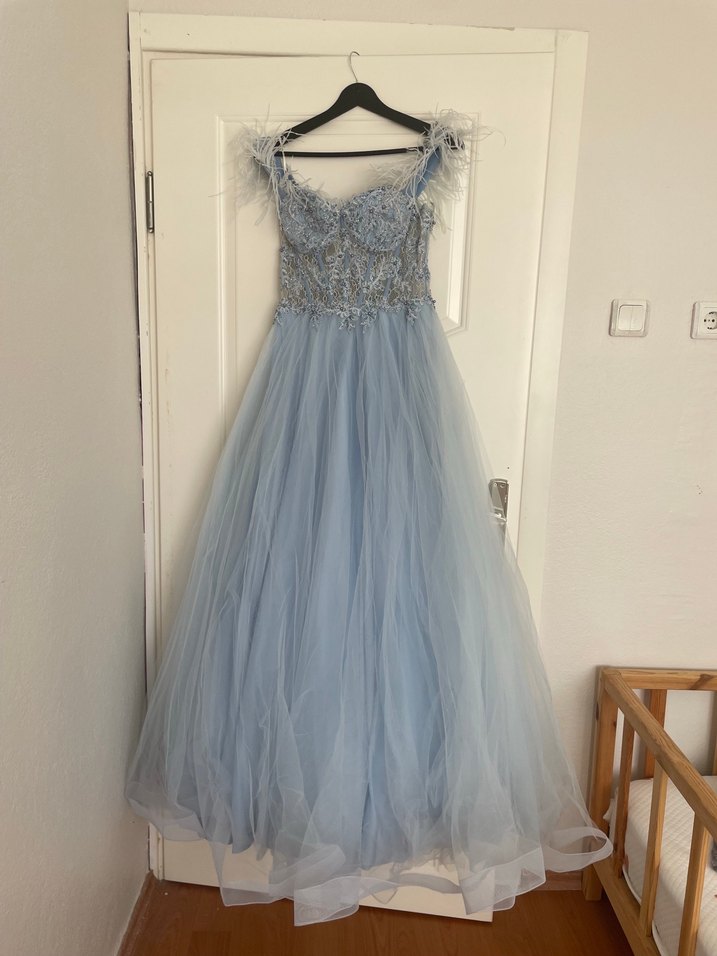 Mavi İşlemeli Boncuklu Straplez Uzun Abiye - Görsel 3