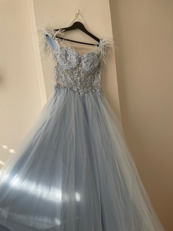 Mavi İşlemeli Boncuklu Straplez Uzun Abiye - Görsel 2