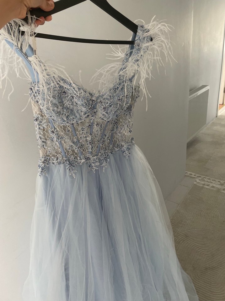 Mavi İşlemeli Boncuklu Straplez Uzun Abiye - Görsel 5