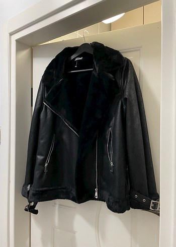 Diğer Siyah Deri Kürklü Biker Ceket