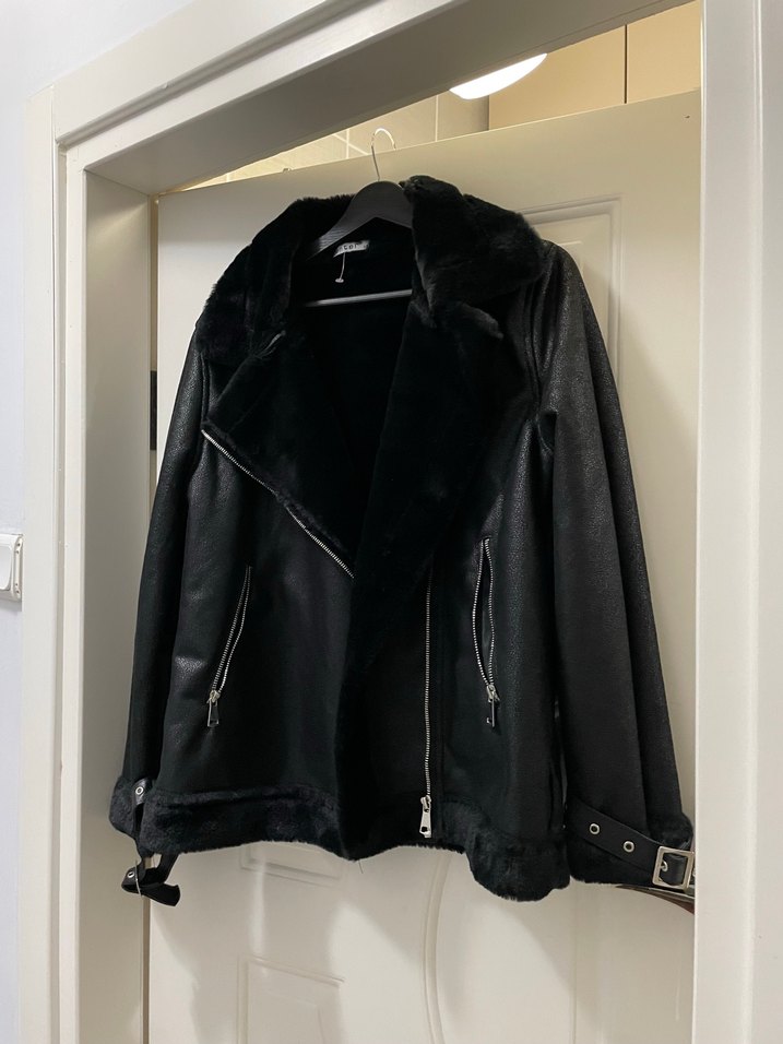 Siyah Deri Kürklü Biker Ceket - Görsel 3