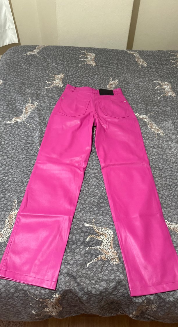 Kadın Parlak Pembe Deri Pantolon - Görsel 4