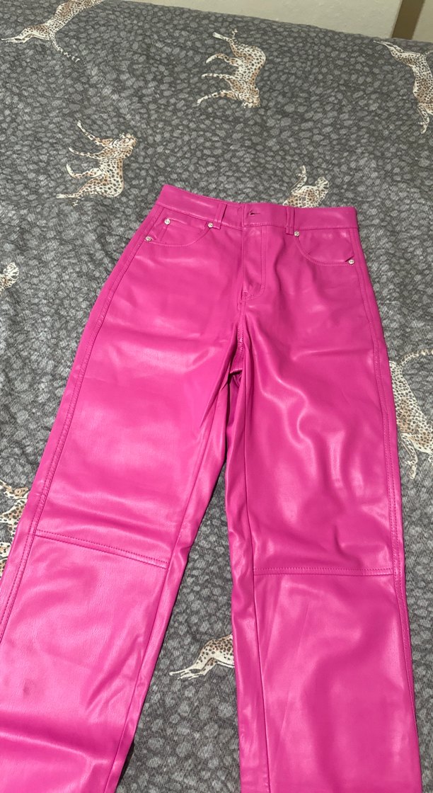 Kadın Parlak Pembe Deri Pantolon - Görsel 3