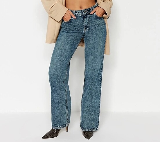 Soluk efekt vintage yüksek bel wide leg jeans