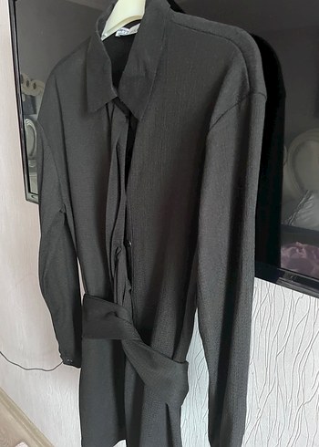 Kemerli Siyah Kadın Keten Gömlek - Görsel 2