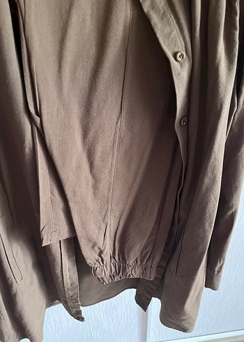 Düğmeli Bej Keten Kadın Gömlek - Görsel 4