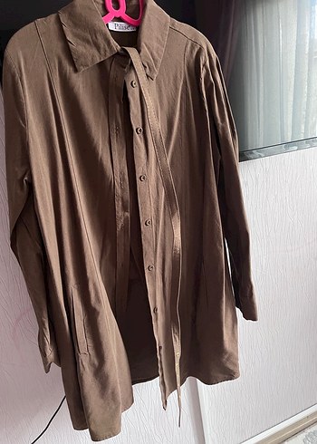 Düğmeli Bej Keten Kadın Gömlek - Görsel 2