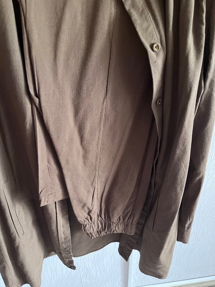 Düğmeli Bej Keten Kadın Gömlek - Görsel 4