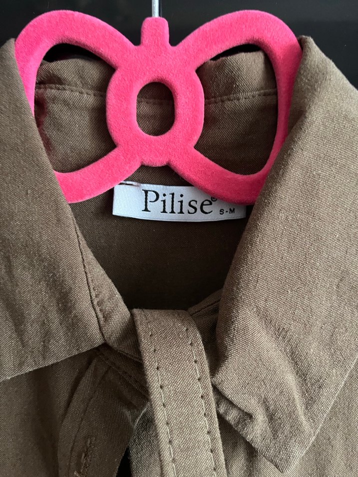 Düğmeli Bej Keten Kadın Gömlek - Görsel 3