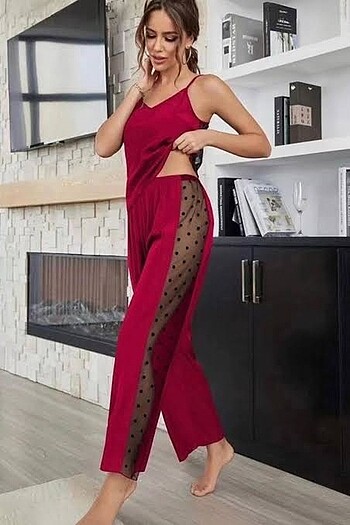 l Beden Bambu Tül Detaylı Askılı Kadın Pijama
