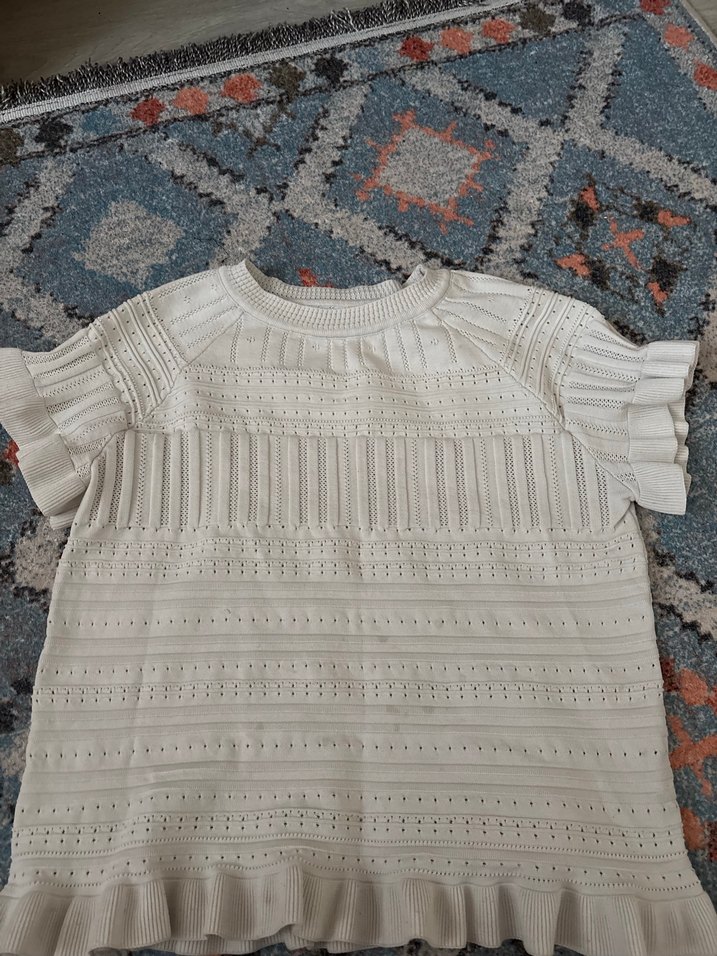 Bohem Beyaz Örgü Kısa Kollu Kadın tişört - Görsel 2