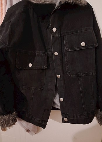 Düğmeli gri kot  içi kürklü kadın ceket çok kalin - Görsel 4