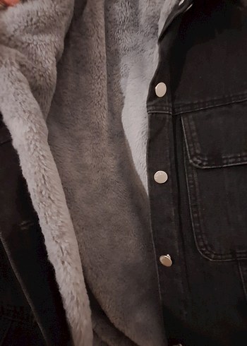 Düğmeli gri kot  içi kürklü kadın ceket çok kalin - Görsel 2