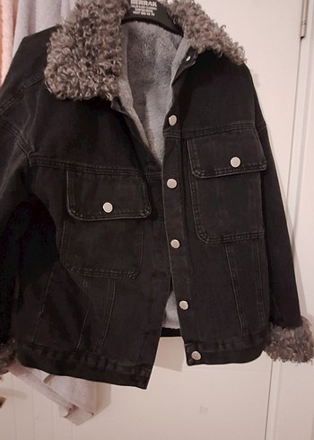 Düğmeli gri kot  içi kürklü kadın ceket çok kalin - Görsel 5