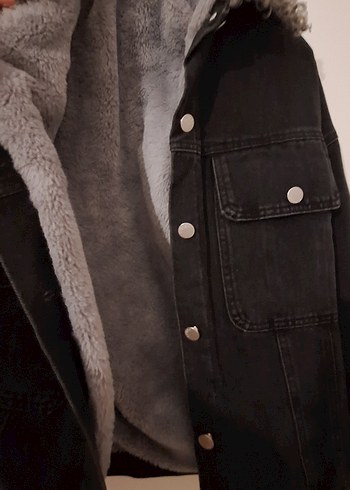 Düğmeli gri kot  içi kürklü kadın ceket çok kalin - Görsel 3