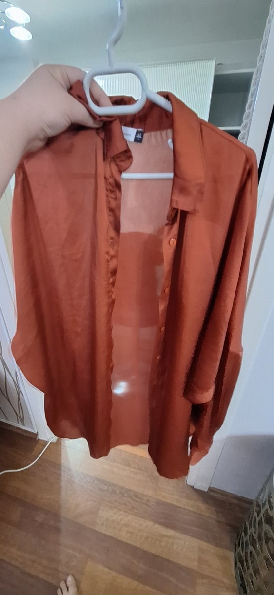 Düğmeli, uzun kollu, kahverengi saten gömlek - Görsel 4