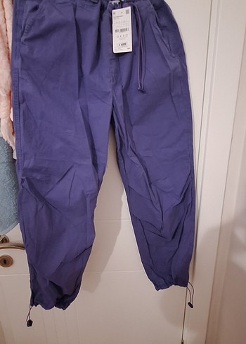 Mor Kemerli Kesim Kadın Keten paraşüt Pantolon - Görsel 5