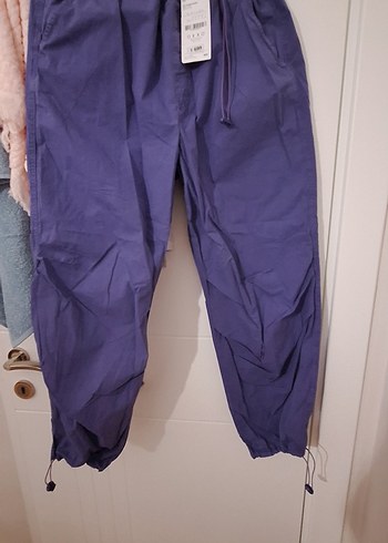 Mor Kemerli Kesim Kadın Keten paraşüt Pantolon - Görsel 6