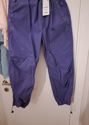 Mor Kemerli Kesim Kadın Keten paraşüt Pantolon - Görsel 4