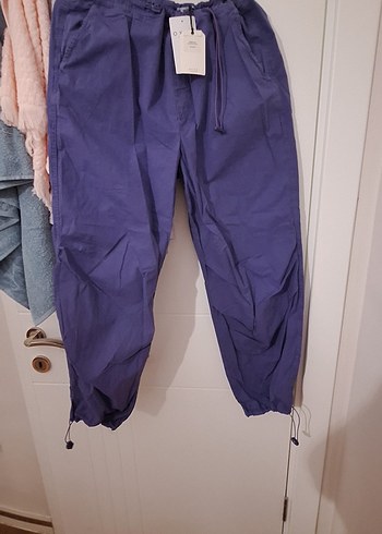 Mor Kemerli Kesim Kadın Keten paraşüt Pantolon - Görsel 3