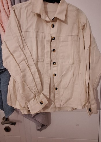 Bej Düğmeli Uzun Kollu  Kadın Gömlek ceket - Görsel 3