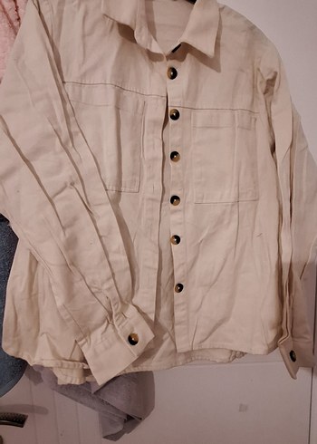Bej Düğmeli Uzun Kollu  Kadın Gömlek ceket - Görsel 5