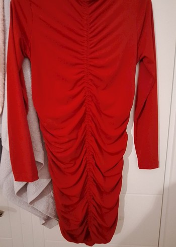 Kırmızı Drapeli Uzun Kollu on arka buzgulu elbise - Görsel 2