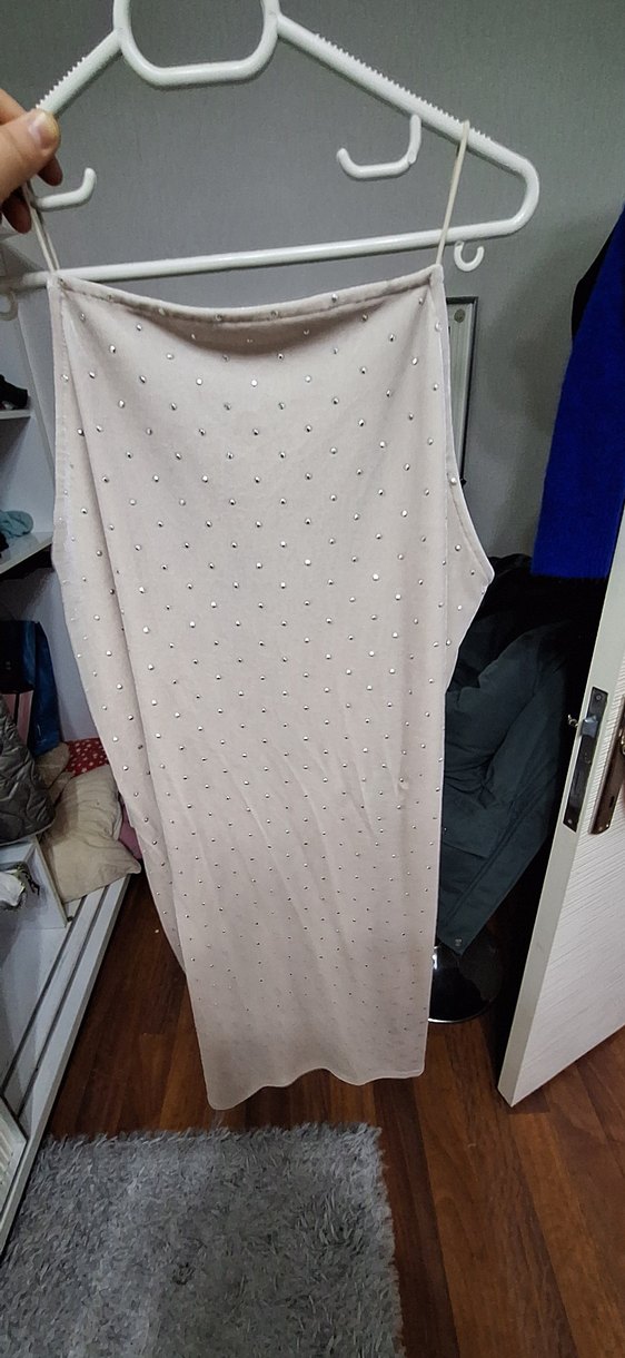 Bej V Yaka taşli ip askili Gecelik - Görsel 5