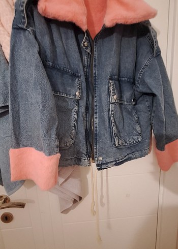 Pembe Kürklü Kadın Kot mont - Görsel 5