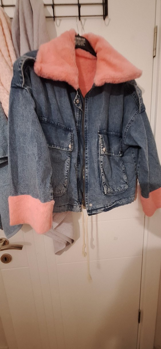 Pembe Kürklü Kadın Kot mont - Görsel 5