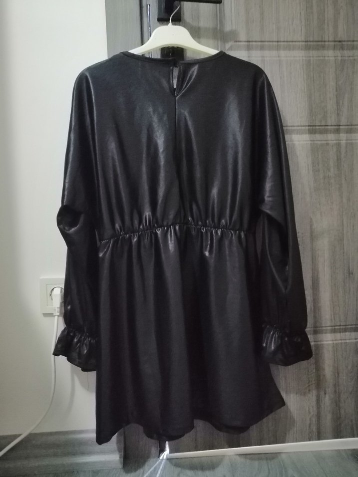 Siyah Deri Uzun Kollu Midi Tunik - Görsel 2